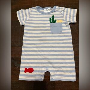 Little English Blue and White Striped Baby Onesie with Green and Yellow Appliqué